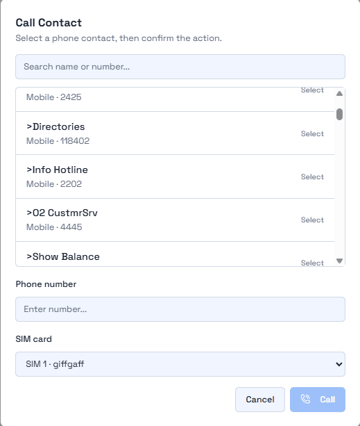 DroidLink Call Contact dialog to select a contact and place a call