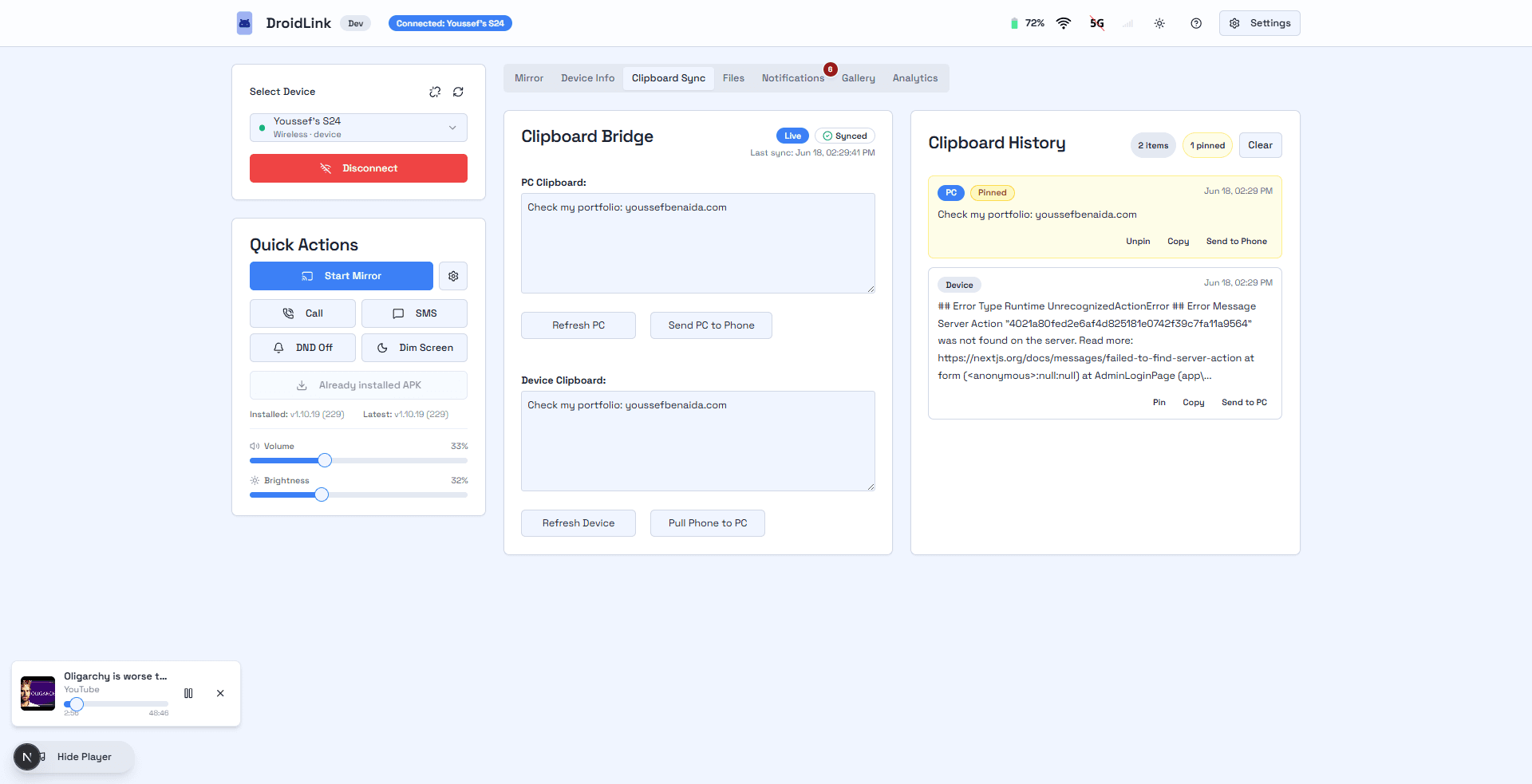 DroidLink Clipboard Bridge showing synced PC and device clipboards with history