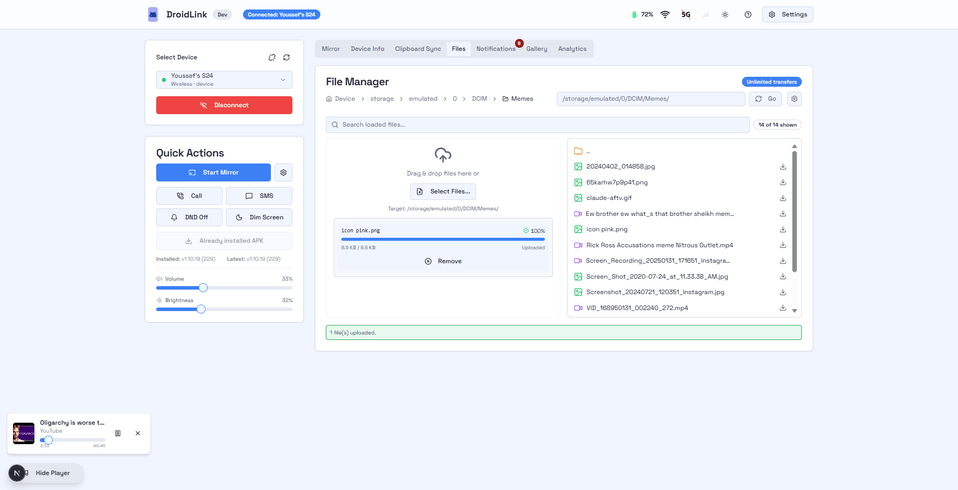 DroidLink file manager with drag-and-drop upload and phone storage browser