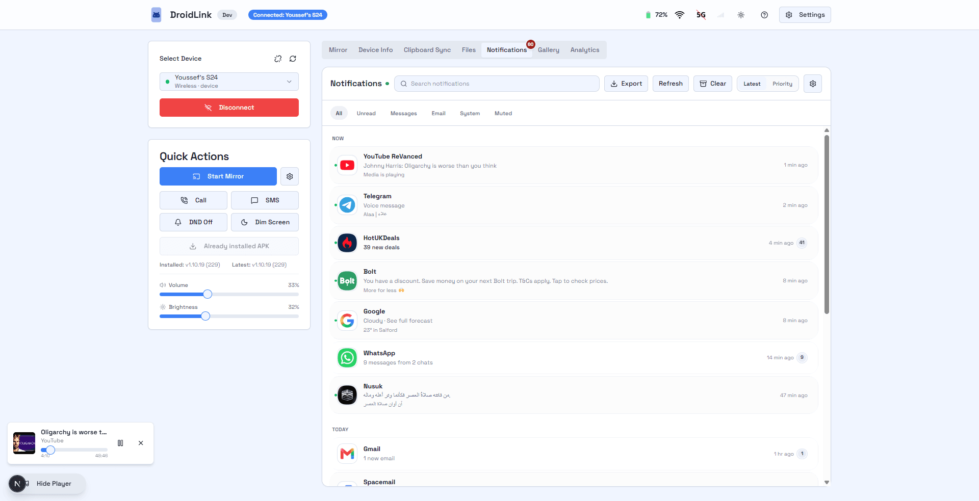 DroidLink notifications inbox with app alerts from YouTube, Telegram, WhatsApp and more